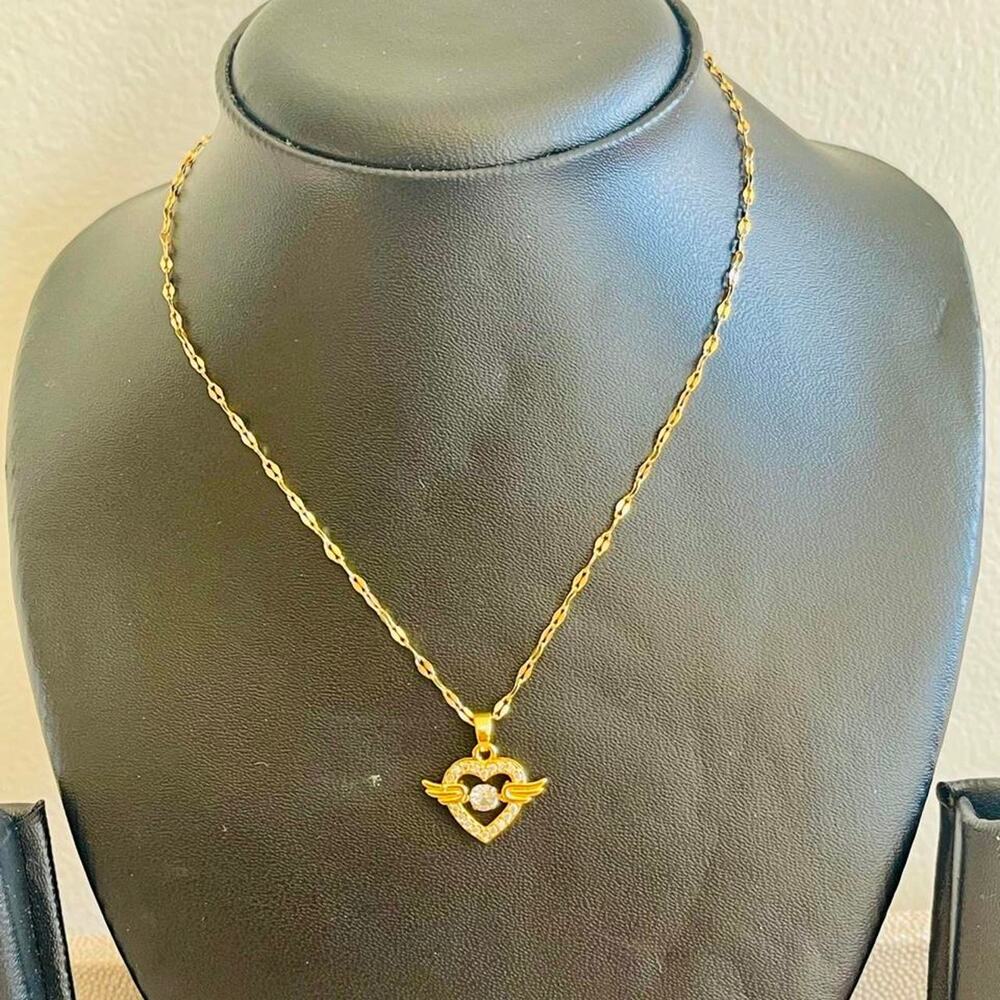 Gold Tone Heart Pendant Necklace, Winged Heart Rhinestone Fashion Jewelry